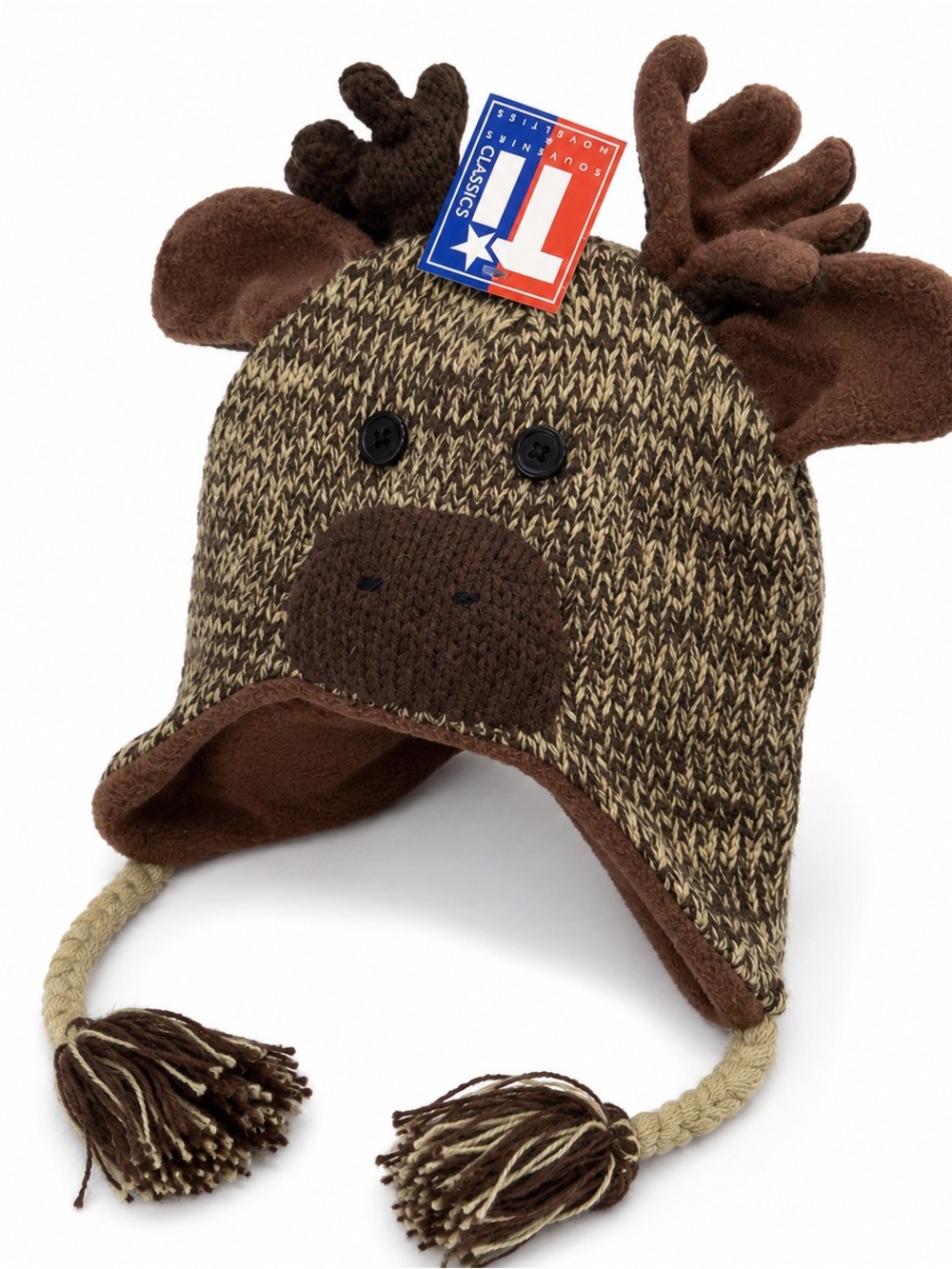 Brand New Moose Knit Trapper Beanie Hat Fleece Lined Antlers Tassels Unisex OSFA